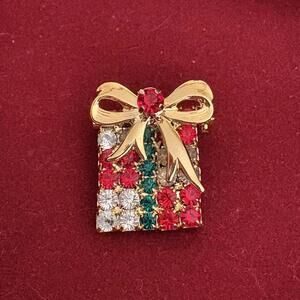 Rhinestone Christmas Gift Brooch Jeweled Red Green Diamond Gold Bow Holiday Gift